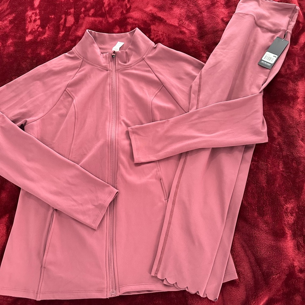 NEW Bally Mauve Pink Zip Front Active Jacket and Leggings L/XL scalloped hem